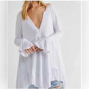 Free People White Olivia Flared Sleeve Waffle Knit Textured Top Small bohemian